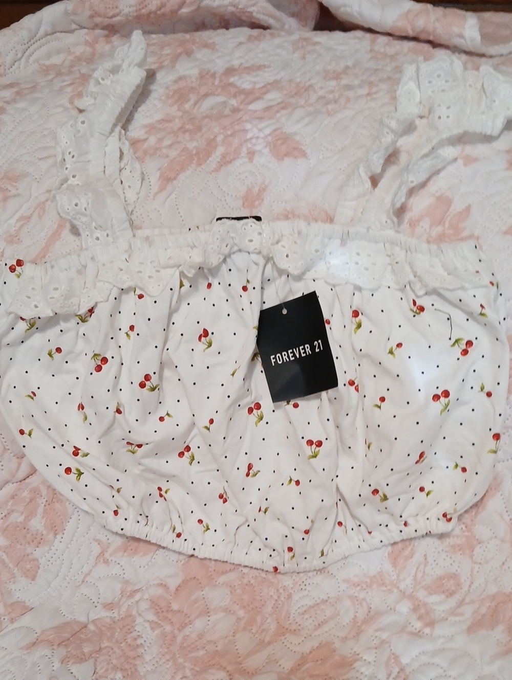 Forever 21 White Cherry-Print Ruffle Camisole Top